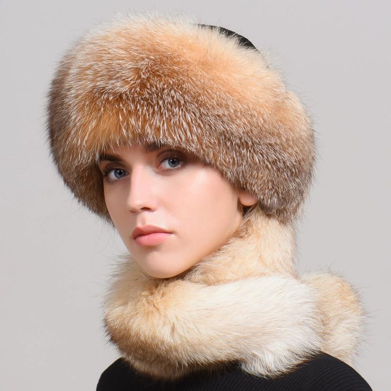 Fuchspelzmütze Damen Winter Mongolische Mütze Schal integrierter Kaninchenfell Ohrenschutz Vollfell Winter Pelzmütze Damen Winter