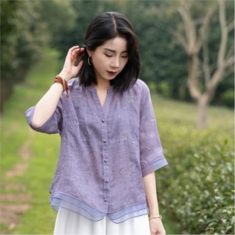 

Johnature женские рубашки рами с вышивкой, топы с короткими рукавами, летние однотонные лоскутные блузки, рубашки One Size фиолетовый