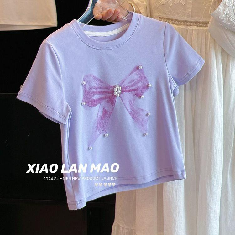 

Футболка с короткими рукавами и бантом для девочек, летняя, свободного покроя, для детей среднего возраста, универсальные модные топы 90 фиолетовый