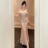 French Celebrity Temperament High Sense Light Luxury Evening Dress Sexy One-word Shoulder Ruffle Edge Split Sequined Dress Women