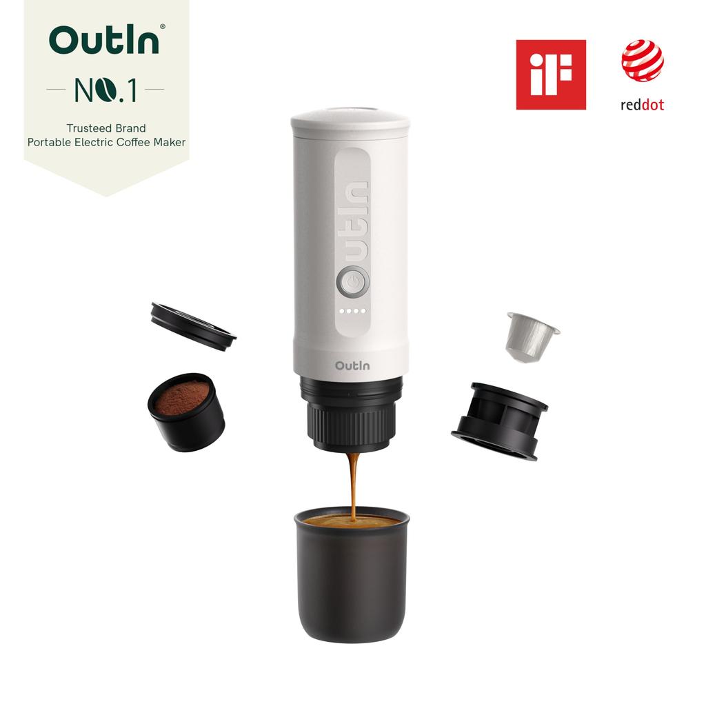 OutIn Nano Portable Electric Espresso Machine, Camping Travel Coffee Maker, Car Coffee Maker with USB-C Compatible Self-Heating Function, Freshly