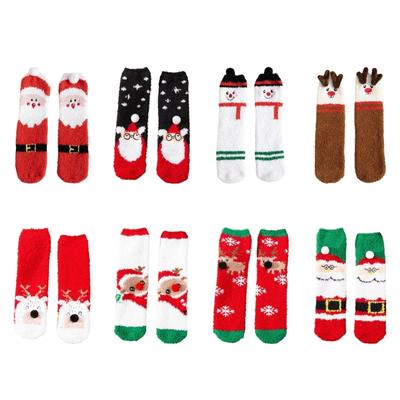 4 Pairs Festive Thick Coral Velvets Floor Socks for Home Comfort Indoor Fuzzy Slipper Socks with Christmas Pattern Gift