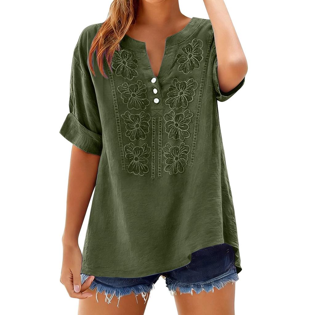 Women’s Casual Loose Fit Blouse with Floral Embroidery Three Quarter Sleeve Button Front V Neck Tunic Top