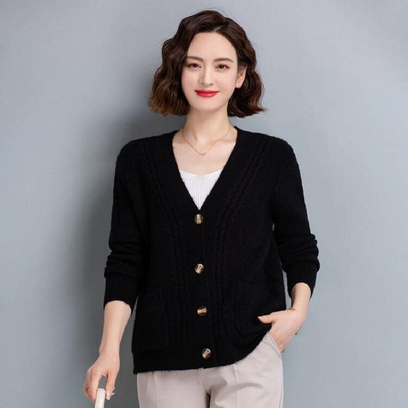 V-neck Fried Dough Twists Knit Cardigan Short Sweater Women Sweater Simple Casual Commute Thick Coat Single Breasted Buckle Harajuku Autumn Winter