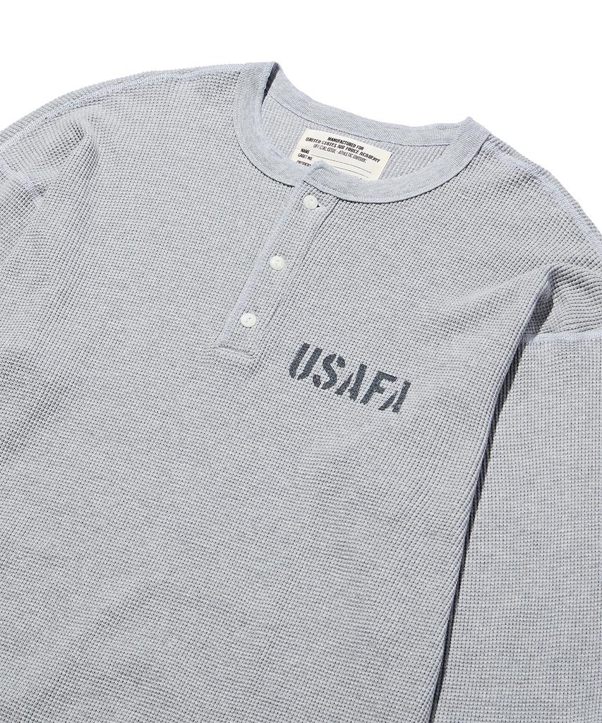 DISCUS ATHLETIC Usafa Logo Waffle Henley Neck Long Sleeve T-Shirt Melange Grey