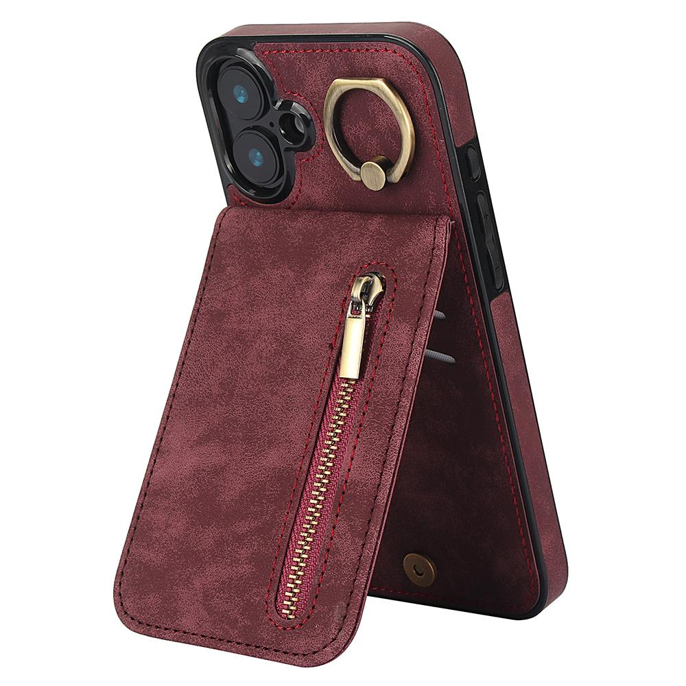 

For iPhone 16 Plus Case RFID Blocking Ring Kickstand Retro Leather+TPU Anti-Fall Phone Cover Wine Red