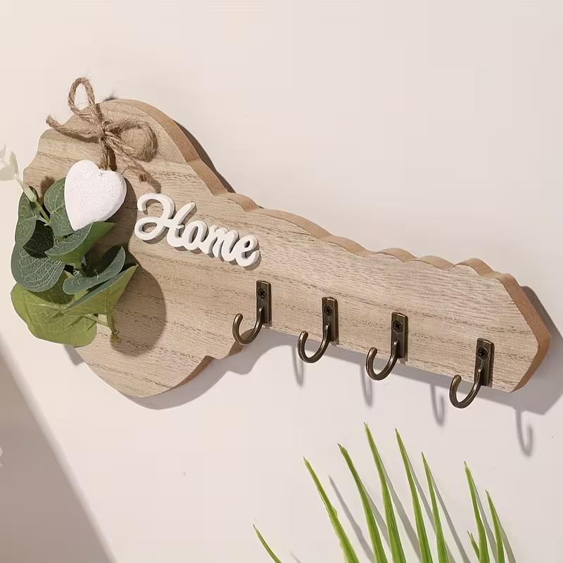 1PC Wooden "Home" Key Holder Wall Decor With Heart Embellishments And 4 Hooks - Stylish Modern Party Home Decor