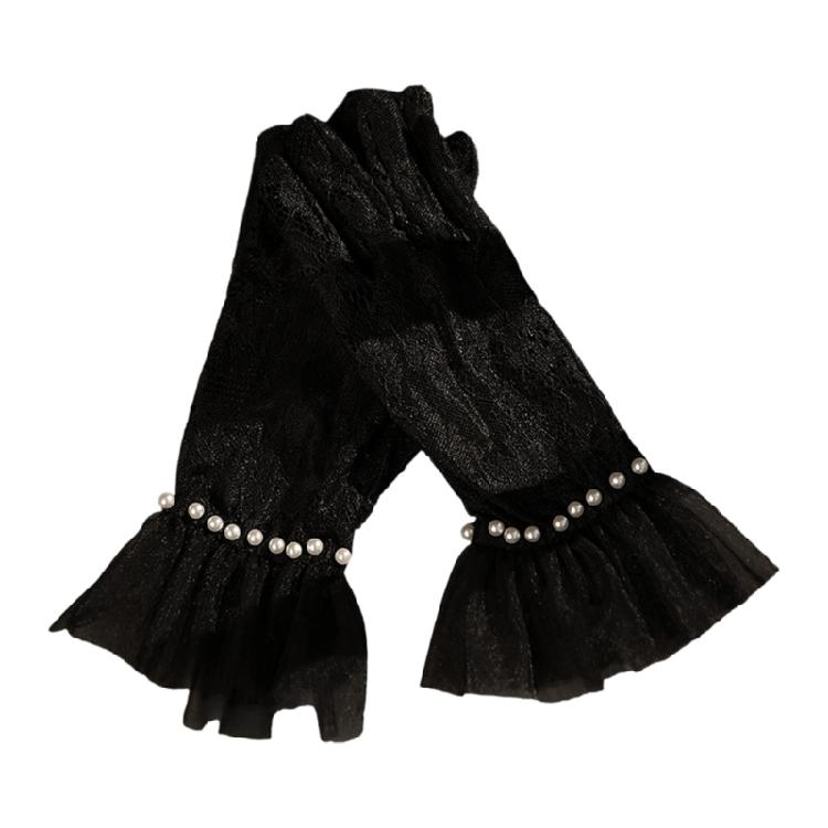 

Sheer Lace Flower Hand Gloves For Evening Event Elegant Wedding Ceremony Party Accessories Gloves with Pearls Cuffs чорний