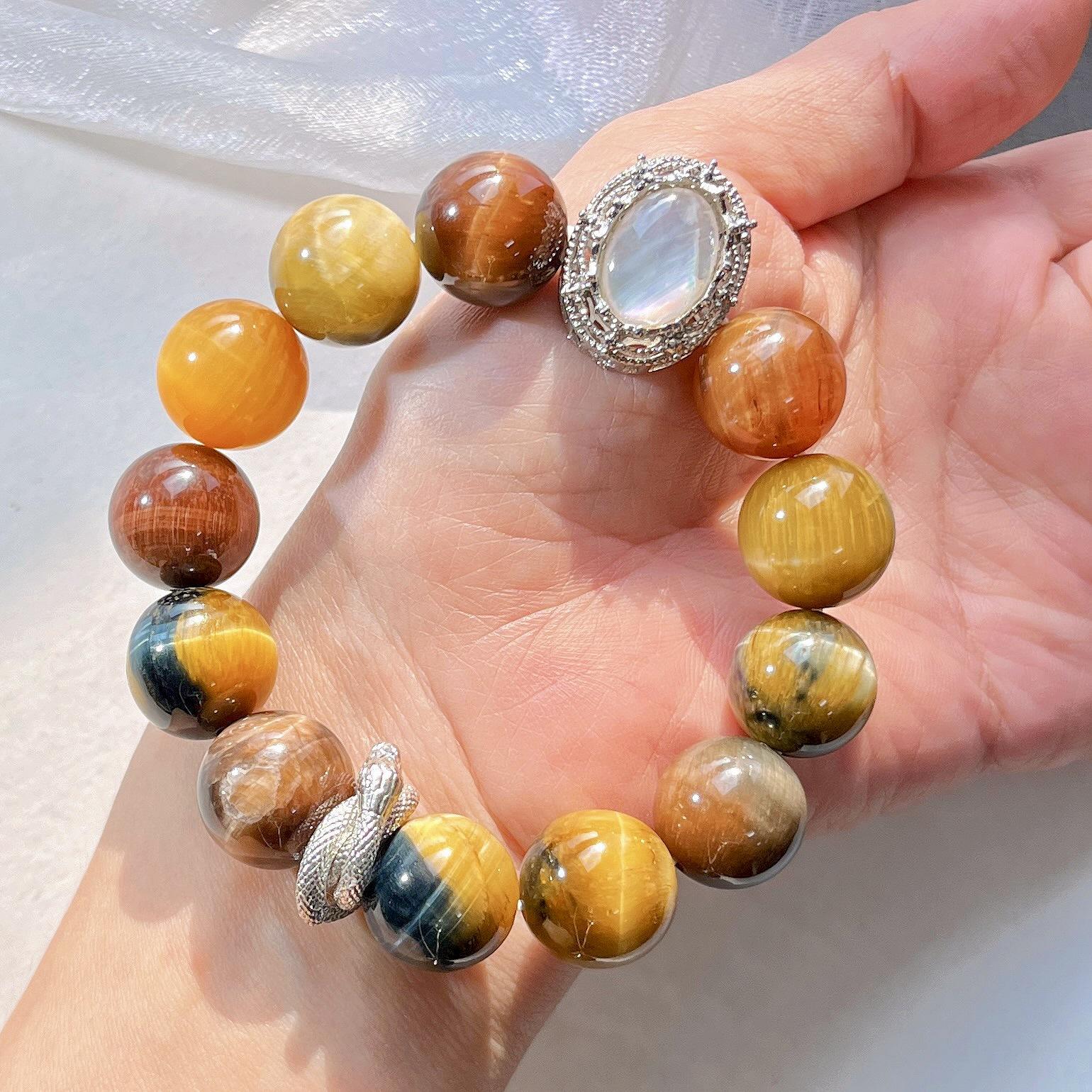 14Mm Retro High Quality Natural Shell Colorful Tiger S Eye Stone Bracelet Bracelet.