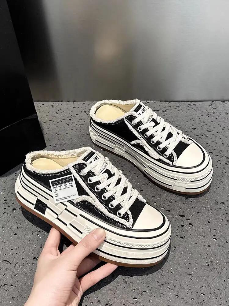 Women's Slippers Canvas Platform Sole Lace-up Decoration Round Toe Women's Mules Leisure Dress One Kick 2025 Zapatillas De Mujer