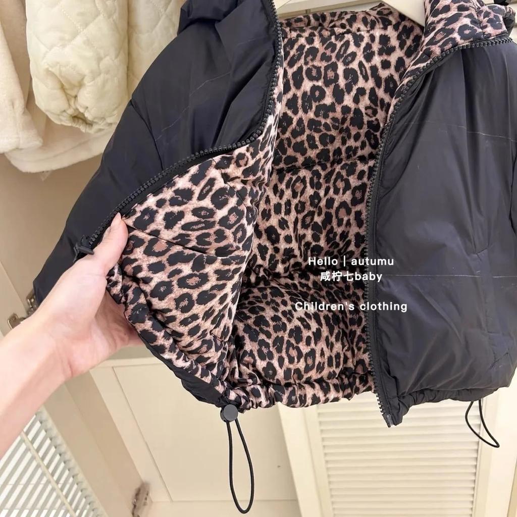 Kids Reversible Leopard Print Hooded Puffer Jacket Winter Thick Warm Coat For Boys And Girls
