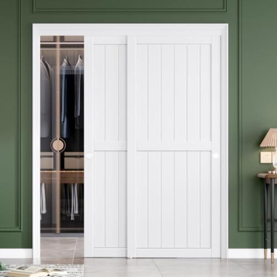 Sliding Closet Doors 64x80 Double 33inch,Bypass Barn Door with Hardware, for Bedroom, White, H Frame, Assemble Required
