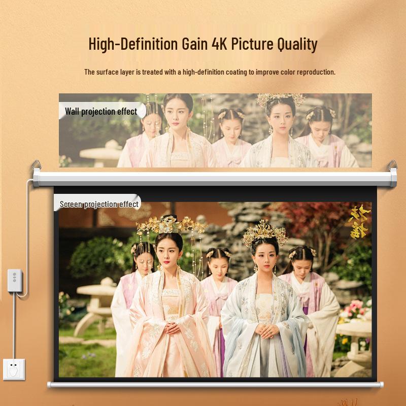 Electric HD Projection Screen: Wall/Ceiling-Mount, Retractable, Remote-Controlled, Voice-Activated, Light-Resistant for Office/Conference Use.