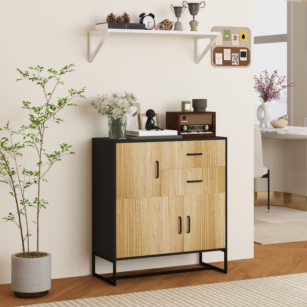Modern Storage Sideboard with 3 Cabinets and 2 Drawers, Multipurpose Cabinet in Particle Board and Steel, 80x35x85 cm, Black and Wood
