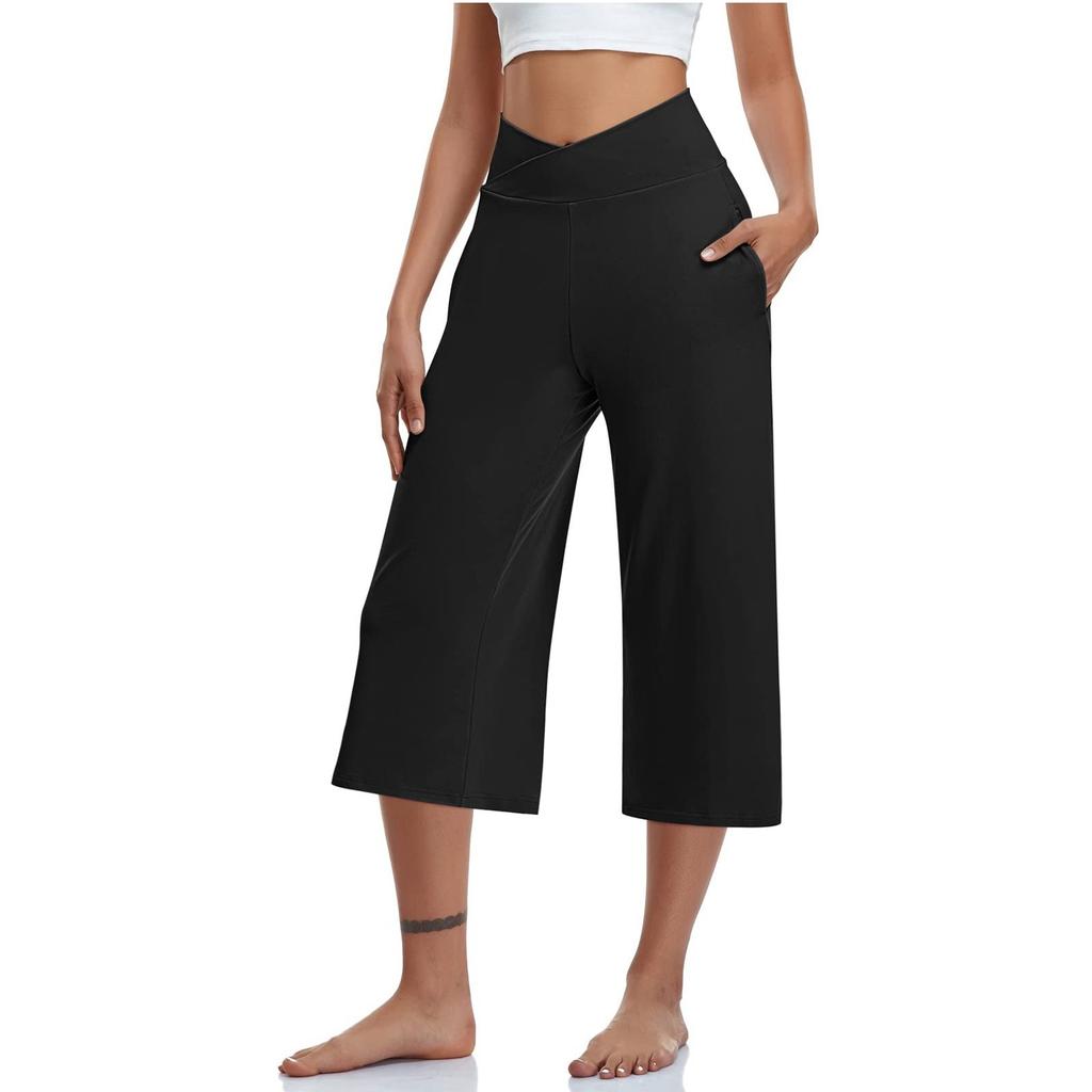 3er-Pack Damen Elastische Hohe Taille 3/4 Hose Lässige Passform Weite Capris Hosen mit Taschen