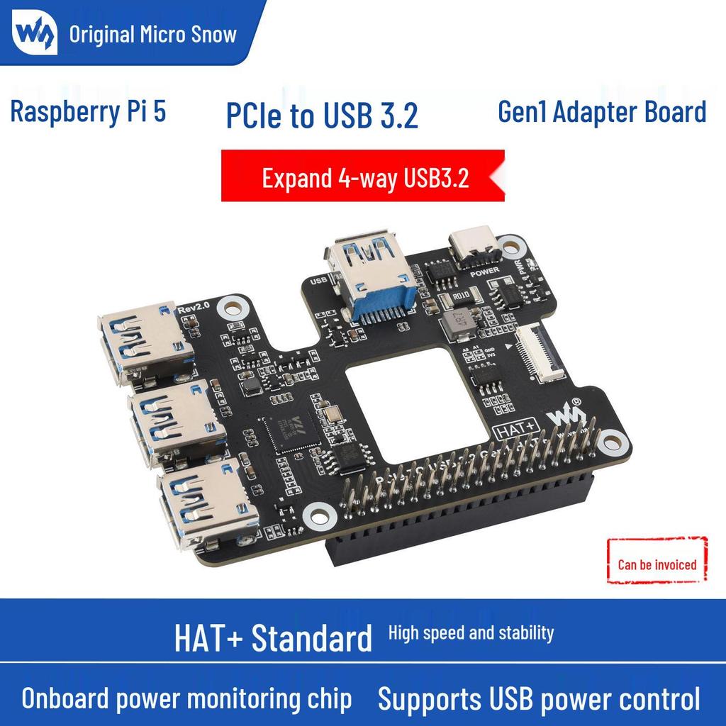 Raspberry Pi 5 PCIe to USB 3.2 Gen1 Adapter: 1-to-4 High-Speed, Driver-Free Expansion Card