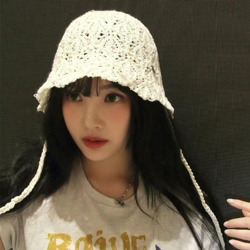 Hollow Knitted Lace-up Fisherman's Hat Children Spring and Summer Sunshade Sunscreen Hat Breathable Face Small Bucket Hat