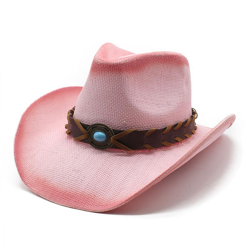 

Західний ковбойський солом яний капелюх Капелюх з великими крисами Сонцезахисний капелюх Капелюх для пляжу Капелюх з твердої соломи M（56-58cm） троянди рожеві кольору