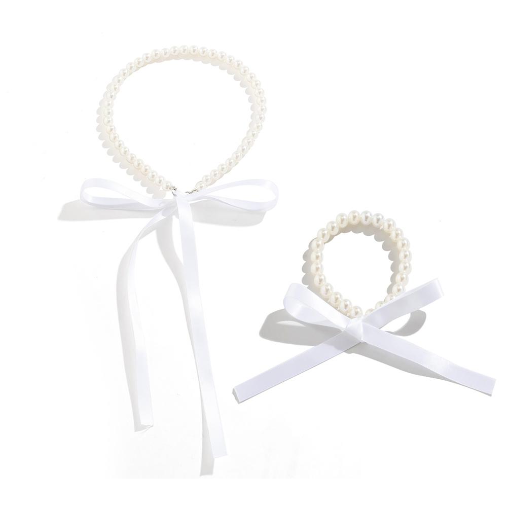

2 шт. винтажный длинный бант с искусственным жемчугом, комплект ювелирных изделий, женская мода, белая, черная лента, колье на шнуровке, ожерелье, браслеты, наборы белый