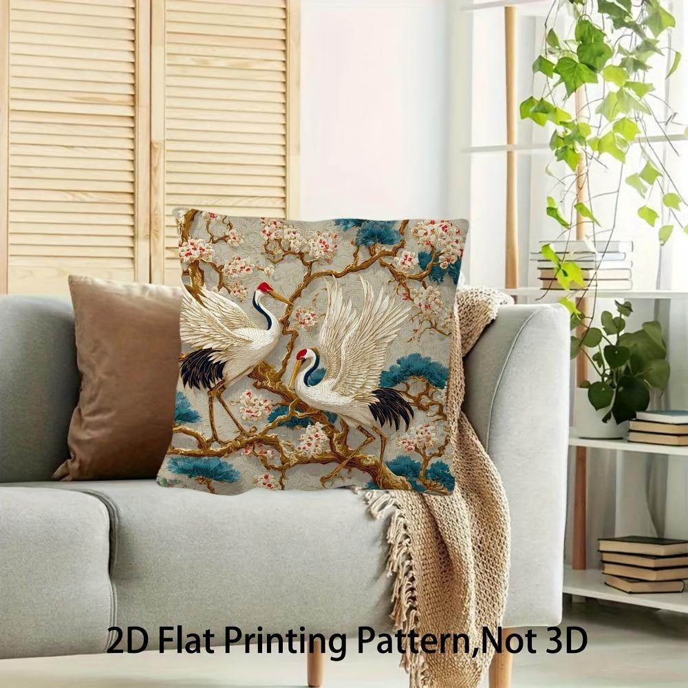 2D Flat- Vintage Chinese Style Red Crowned Crane And Plum Blossom Square Throw Pillow Case Home Decor Cushion Cover