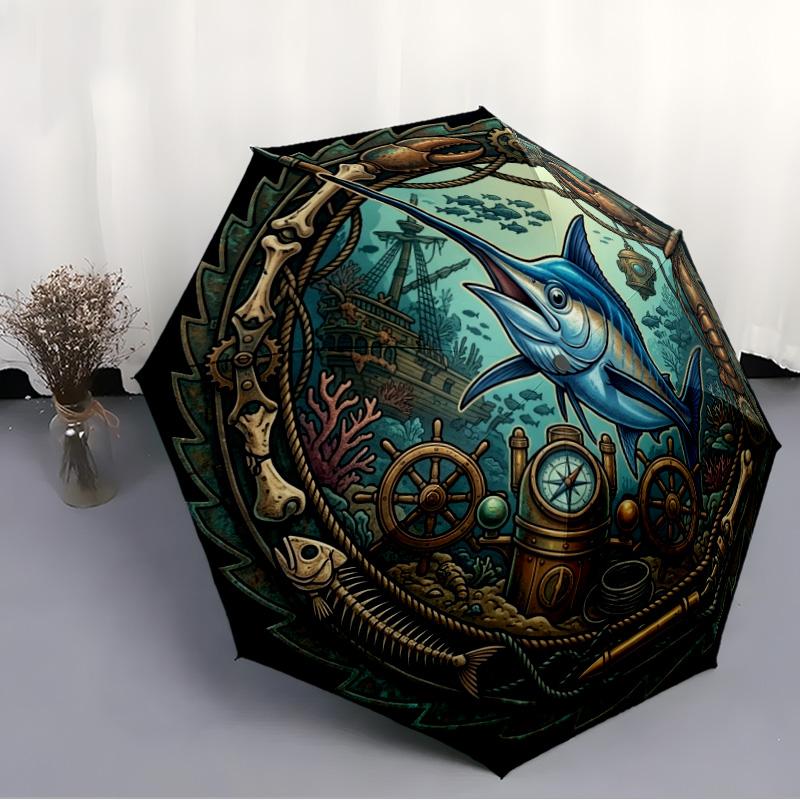 Underwater Adventure Emblem pattern umbrella, portable and foldable design, 8 ribs, a casual accessory for Halloween, Christmas, and birthday gifts.