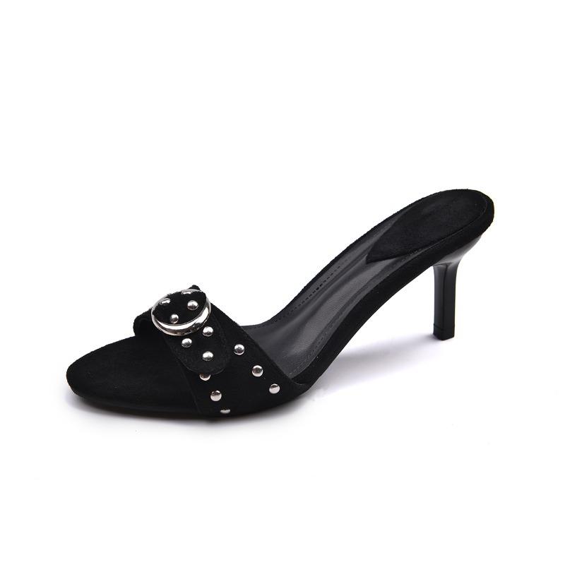 New Style Popular Summer Women's Studded Black Luxury Slippers Sexy Spice Punk High Heels Party Shoes Zapatos Mujer