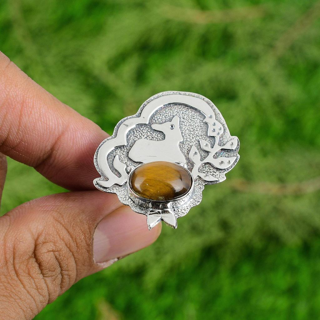 Sterling Silver Sacral Chakra Oval Tiger's Eye Gemstone Wedding Solitaire Ring