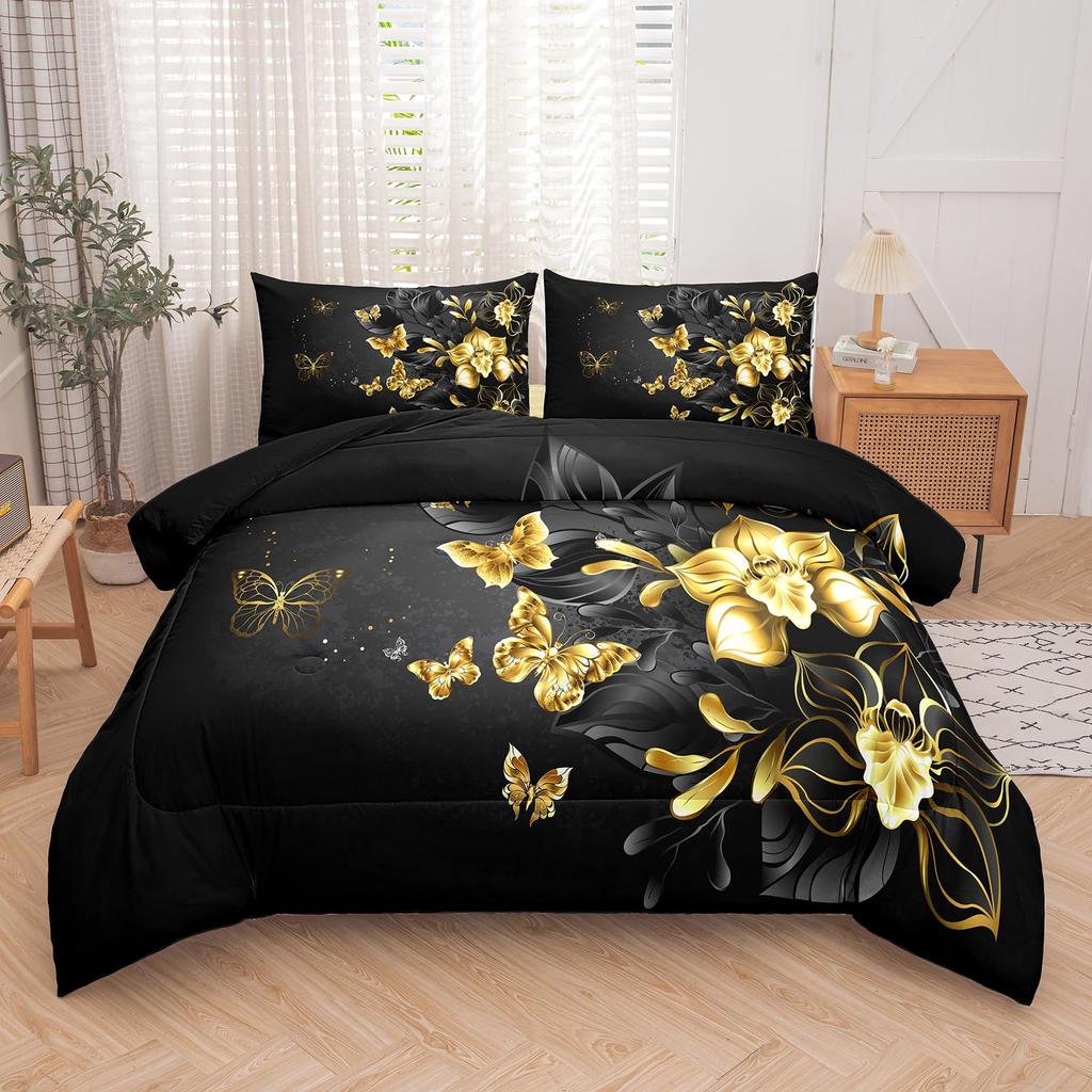 Set Biancheria da Letto Farfalle Scure per Bambine Ragazze Set Copripiumino Farfalle Set Coperta Trapuntata Copri Trapunta Camera da Letto 3 Pezzi Full King Size