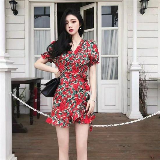 

Летнее французское шифоновое платье с цветочным принтом 2022 - Нежный стиль, уникальный дизайн XXL красный