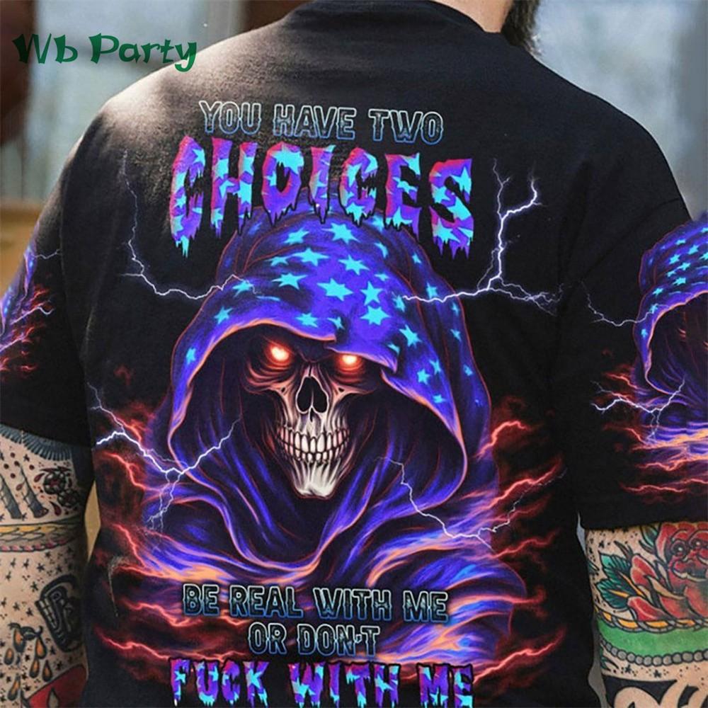 2025 New Men's Summer Gothic Letter and Skull Print Comfortable and Breathable Round Neck T-shirt Outdoor High Street Clothing