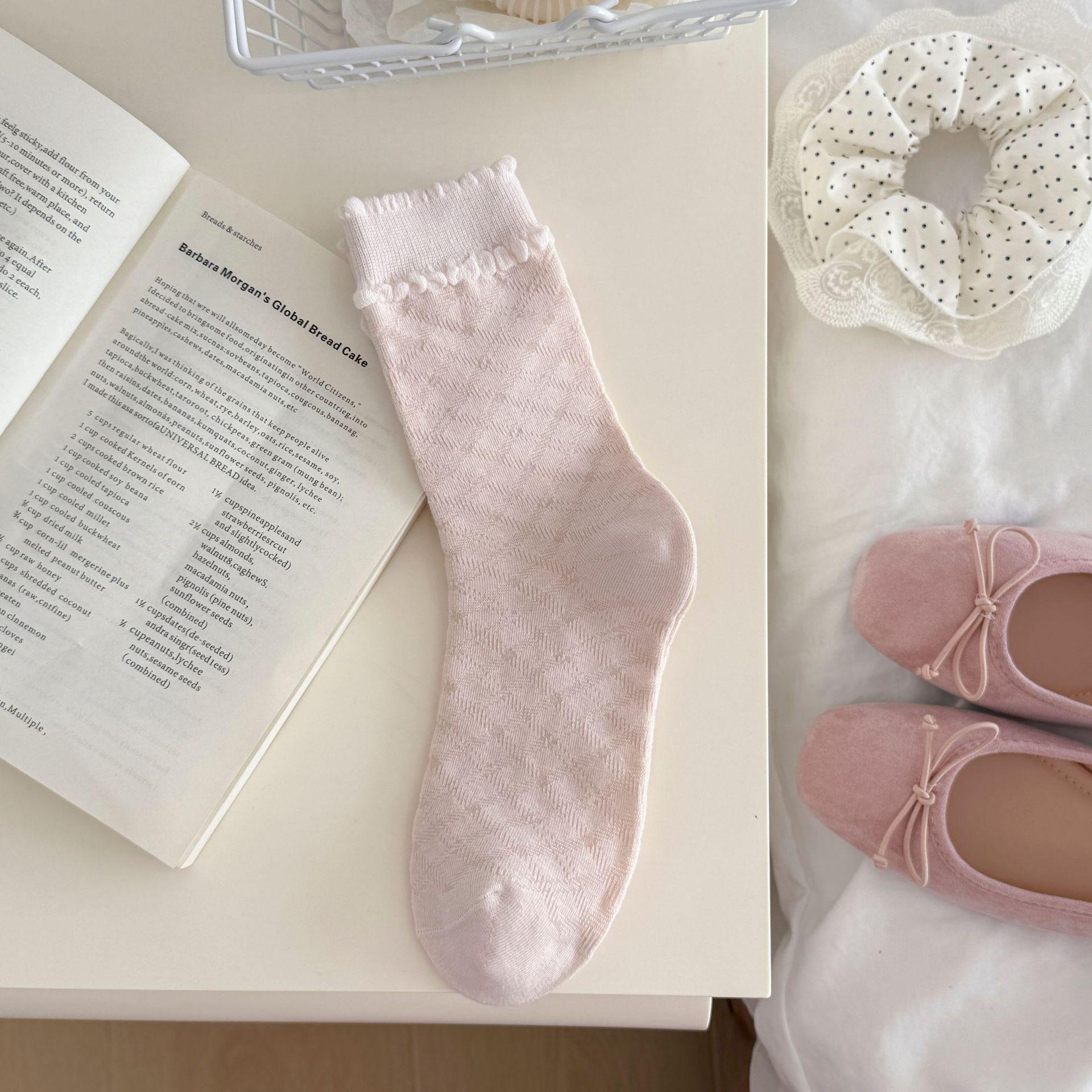 Korean Pink Floral Lace Bow Mid-Calf Socks for Spring/Summer High Quality/Pure Cotton Socks