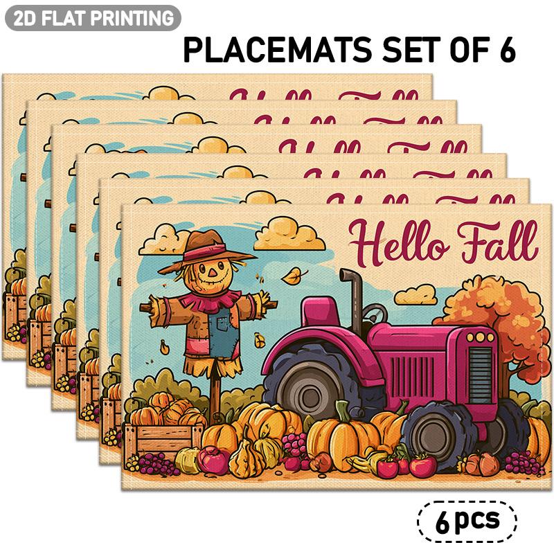 4/6pcs, Autumn Theme Placemats, Scarecrow, Pink Tractor, Pumpkin, Fruit Patterns, Suitable for Indoor/Outdoor Party Restaurant Decoration, Kitchen Tab