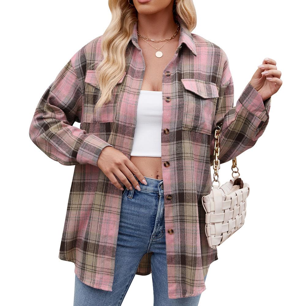 Women S Loose Casual Plaid Pocket Long Sleeve Shirt