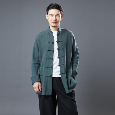 Men's Autumn Ramie Hanfu Shirt: Loose Casual Chinese-Style Outerwear with Stand Collar & Frog Buttons