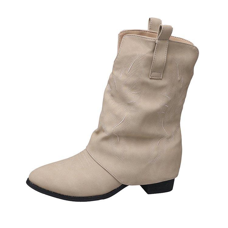 Coarse Heel Pointed Trouser Boots Short Boots Women's 2025 Autumn and Winter New Sleeve Women's Boots Retro Embroidered Western Cowboy Boots Women