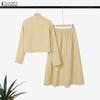 ZANZEA Blusa a Maniche Lunghe da Donna e Gonne Casual Set Completi Due Pezzi