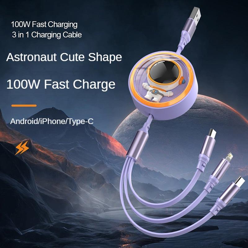 

5A Super Fast Charging Data Cable 3 in 1 Suitable for iPhone Huawei Samsung Xiaomi OPPO Mobile Phone Telescopic Charging Cable 1.2m фіолетовий