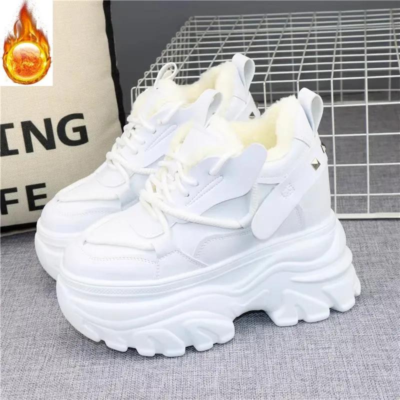 Fashion Winter High Top Leather Women Boots Platform Wedge Sneakers Chunky Shoes Hidden Heel 12CM White Black Women Casual Shoes