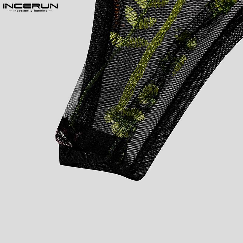 INCERUN Men Long Sleeve Embroidery Floral Mesh See Through Party Clubwear Bodysuits Jumpsuits