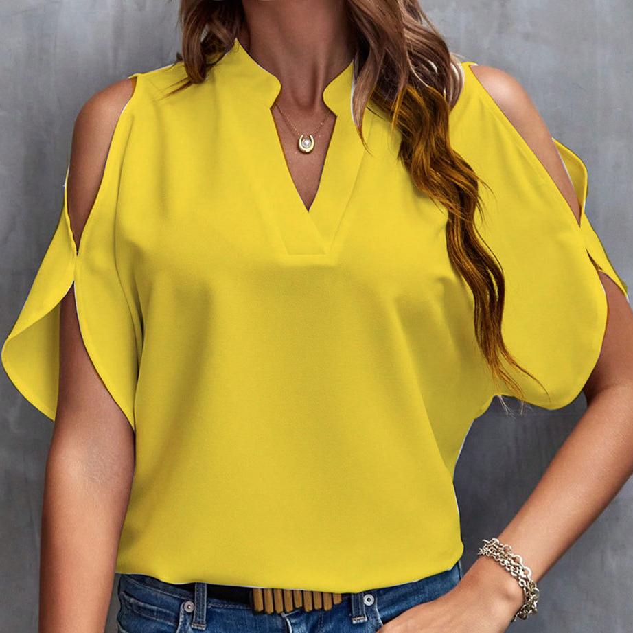 Modne damskie bluzki i koszule na co dzień w jednolitym kolorze z krótkim rękawem i dekoltem w kształcie litery V