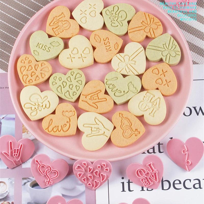 10Pcs Valentine's Day Cookie Embosser Mold Cartoon Heart Love Pattern Cookie Cutters Wedding Party Fondant Cake Decorating Tools
