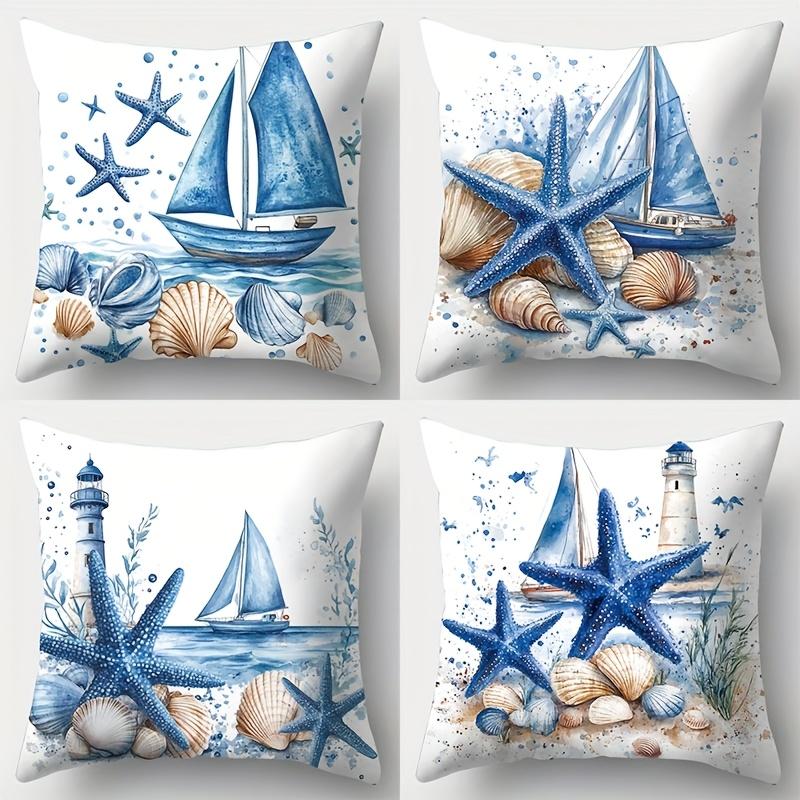 Monika Chen Unisex Beach House Throw Pillow Covers, Watercolor Sailboat, Lighthouse Seashell Print Cushion Cases, Aesthetic Coastal Home Decor