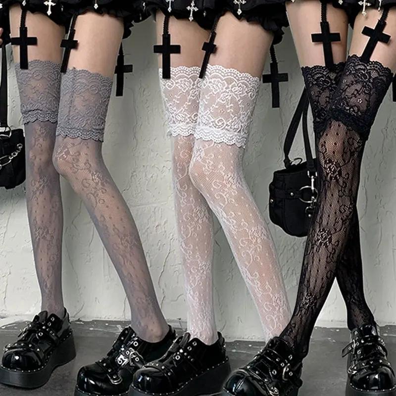 Y2k New Women Flower Lace Fishnet Thigh High Stockings Japanese Style JK Girl Sweet Lace Trim Frilly Over Knee Long Socks