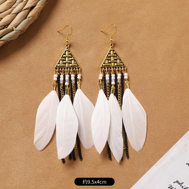 Bohemian Feather Earrings White Long Vintage Personality Tassel Women's Holiday Earrings