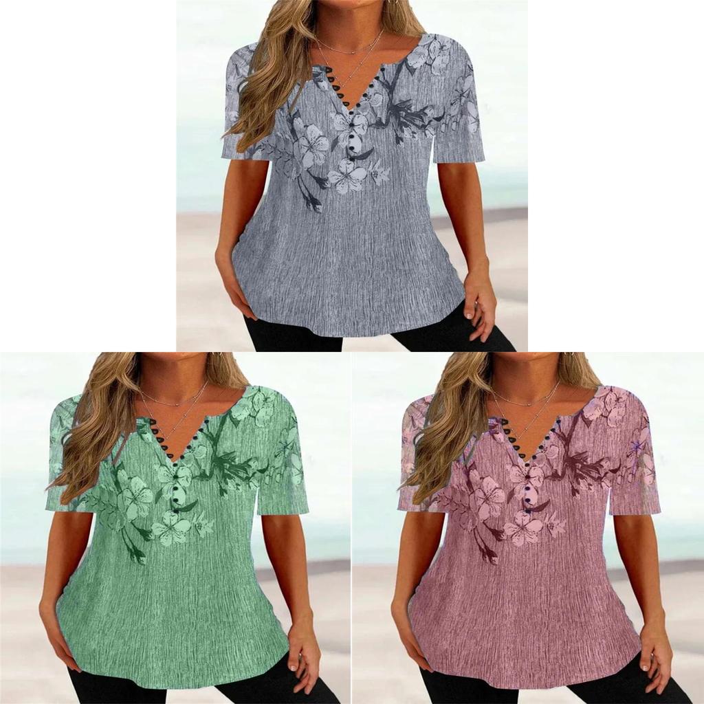Summer Womens Loose Vneck Shirt With Floral Print And Button Closure For Casual Office Wear