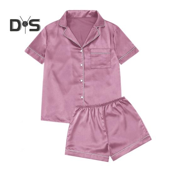 2 Stück/Set Damen Hemd Shorts Anzug V-Ausschnitt Revers Kurzärmlig Satin Einfarbig Oberteil Elastischer Bund Kurze Hose Homewear Loungewear Outfit Sommer