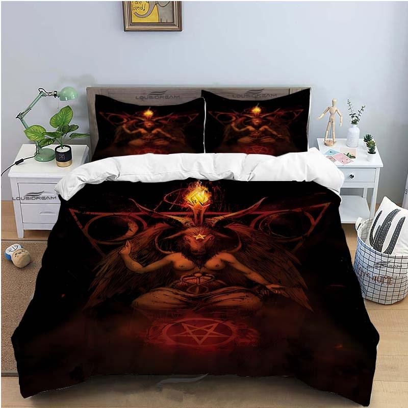Dark Satanic Duvet Cover Set Satan Goat Inverted Pentagram Skull Bedding Set Full King Size Bed Set Bedroom Comforter Cover Set