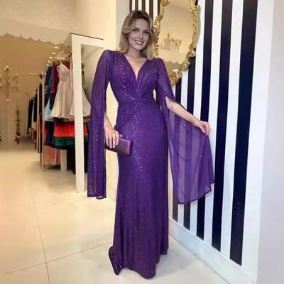 Yousheng Women's Sequin Prom Dress Long Cape Sleeve Front Twist Knot Maxi Dress Sparkly V Neck Formal Evening Party Wedding Gown