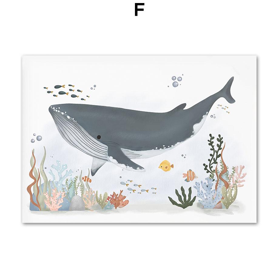 

Мультфильм Морская жизнь Кит Раковина Алфавит 123 Скандинавские Плакаты и Принты Настенное Искусство Холст Картины Картины Детская Комната Декор 21x30cm No Framed