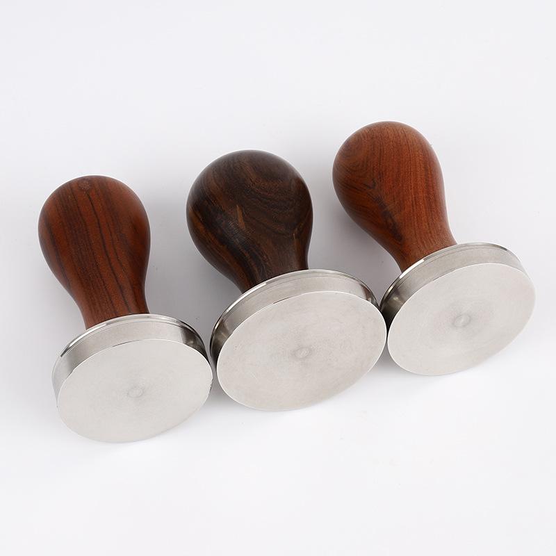 Stainless Steel Flat Bottom Coffee Tamper with Rosewood or Walnut Handle, Available in 51mm, 53mm, or 58mm Sizes.